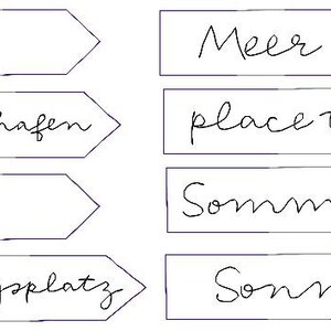 May include: Eight white arrow-shaped tags with black text. The tags read: "Meer", "place to be", "Sommer", "Sonne", "Heimathafen", "Lieblingsplatz", and two tags with a heart symbol.