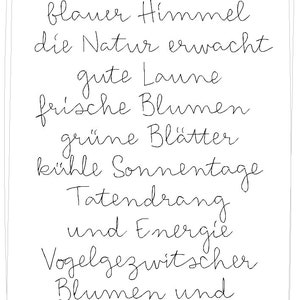 K&ouml;nnte beinhalten: Ein wei&szlig;es rechteckiges Schild mit dem Wort "FR&Uuml;HLING" oben, gefolgt von handgeschriebenem Text auf Deutsch. Der Text beschreibt den Fr&uuml;hling mit W&ouml;rtern wie "blauer Himmel", "frische Blumen" und "Neuanfang".