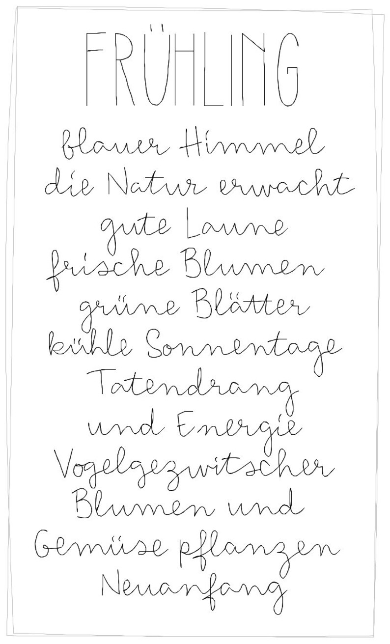 K&ouml;nnte beinhalten: Ein wei&szlig;es rechteckiges Schild mit dem Wort "FR&Uuml;HLING" oben, gefolgt von handgeschriebenem Text auf Deutsch. Der Text beschreibt den Fr&uuml;hling mit W&ouml;rtern wie "blauer Himmel", "frische Blumen" und "Neuanfang".