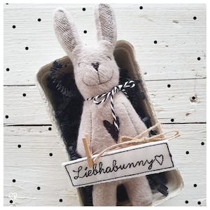 Puede incluir: Un conejito de peluche gris claro con un corazón negro y un lazo a rayas blanco y negro, metido en un recipiente de cartón con relleno negro. Se adjunta un pequeño letrero con la palabra "Liebhabunny".