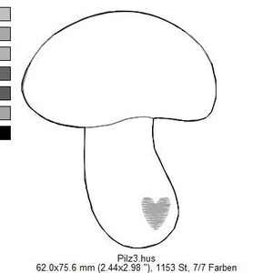 Może przedstawiać: Czarno-biały rysunek grzyba z sercem na trzonie. Tekst "Pilz3.hus 62.0x75.6 mm (2.44x2.98 "), 1153 St, 7/7 Farben" znajduje się pod obrazkiem.