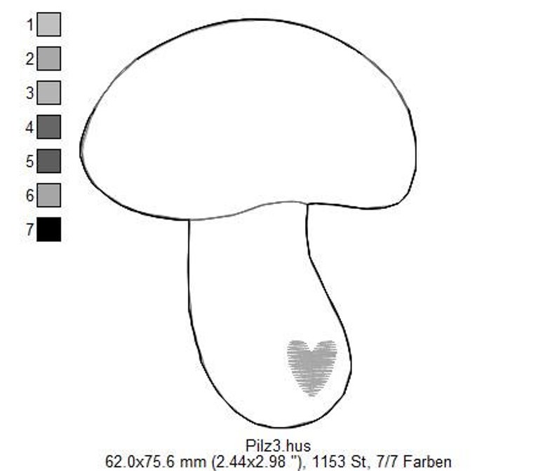 Może przedstawiać: Czarno-biały rysunek grzyba z sercem na trzonie. Tekst "Pilz3.hus 62.0x75.6 mm (2.44x2.98 "), 1153 St, 7/7 Farben" znajduje się pod obrazkiem.