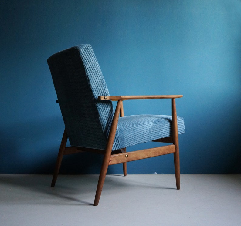 Vintage Armchair from Mid Century, Striped Blue Velvet, Restored image 4