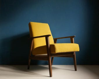 Vintage Armchair from Mid Century, Yellow Herringbone, Restored