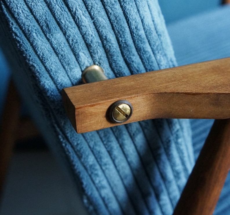 Vintage Armchair from Mid Century, Striped Blue Velvet, Restored image 6