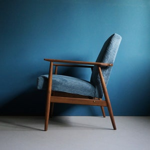 Vintage Armchair from Mid Century, Striped Blue Velvet, Restored image 2