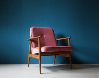 Fauteuil vintage Mid Century, tissu velours rose, restauré