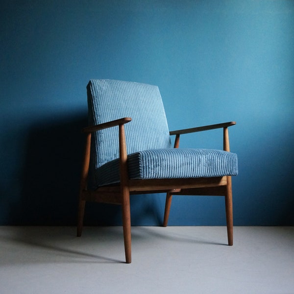 Vintage Armchair from Mid Century, Striped Blue Velvet, Restored