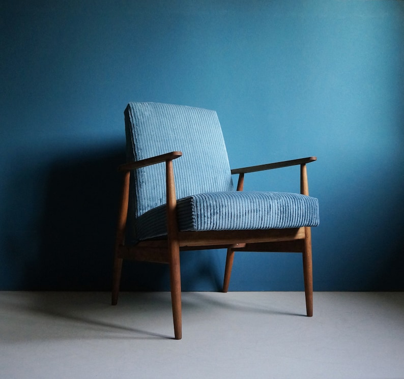 Vintage Armchair from Mid Century, Striped Blue Velvet, Restored image 1