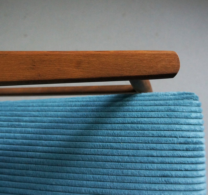 Vintage Armchair from Mid Century, Striped Blue Velvet, Restored image 7