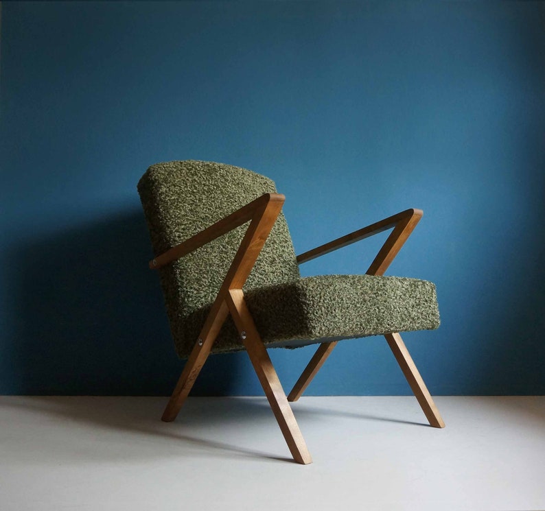 Vintage Armchair from Mid Century, Green Boucle, Restored image 1