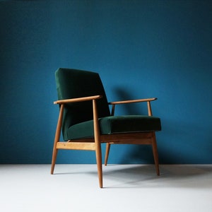 Vintage Armchair from Mid Century, Green Velvet Upholstery, Brass Finishes, Restored