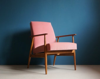 Vintage Armchair from Mid Century, Pink Velvet Upholstery, Brass Finishes.