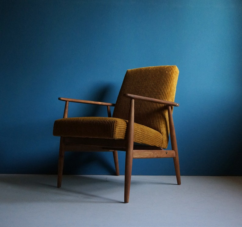 Fauteuil vintage du milieu du siècle, moutarde foncé, restauré image 7