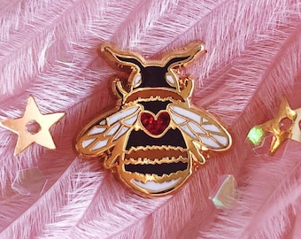 The Love Bee, Mini Gold Hard Enamel Pin, Red Glitter Heart Honeybee Charity Cute Animal Nature Tiny Lapel Pin and Pretty Board Filler Bees