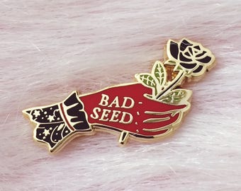 Bad Seed Red Right Hand Hard Enamel Pin, Nick Cave Inspired 1.38" Gold Finish Double Posted Lapel Victorian Hand Flower Goth Rose Pin Badge