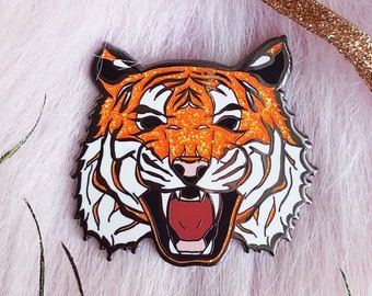 Tiger Hard Enamel Pin, Glitter Animal King Nature Large Lapel Big Pretty Cute Roaring Kitty Cat Brooch, Sparkly Orange Gift Idea Accessory