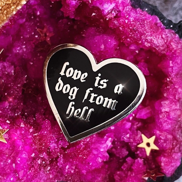 Love is a Dog from Hell Hard Enamel Pin, Charles Bukowski Literary Quote Black Silver Heart Shaped 1 In. Small Gothic Love Lapel Pin