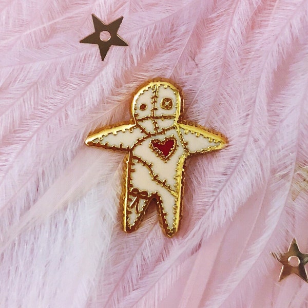 Voodoo Doll Mini Red Heart Gold Finish Hard Enamel Pin, Small Stitched Macabre Cute Spooky Halloween Tiny Lapel Pin,  0.75 in. Board Filler