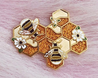 Honeycomb Hard Enamel Pin, Floral Glitter Honey Bee Gold Finish Lapel Pin Badge, 1.38&quot; Flower Nature Botanical Animal Pretty Jewelry Brooch