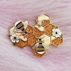 Honeycomb Hard Enamel Pin, Floral Glitter Honey Bee Gold Finish Lapel Pin Badge, 1.38&quot; Flower Nature Botanical Animal Pretty Jewelry Brooch