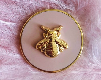 Pink Bee Badge 3D Gold Hard Enamel Pin, Pastel Circle Honeybee Bees Animal Girly Cute Pretty Nature Mini Small Lapel Accessory Gift Brooch