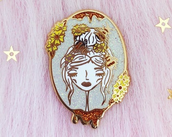 Girl with Bees Iridescent Glitter Gold Hard Enamel Pin, Honey Bee Floral Nature Honeybee Pretty Girl Illustration Portrait Cute Lapel Pin