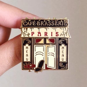 Paris Cafe Hard Enamel Pin, Parisian France Inspired French Coffee Shop Lapel Badge, 1.38" Gold Metal Unique Original Pretty Francophile Pin