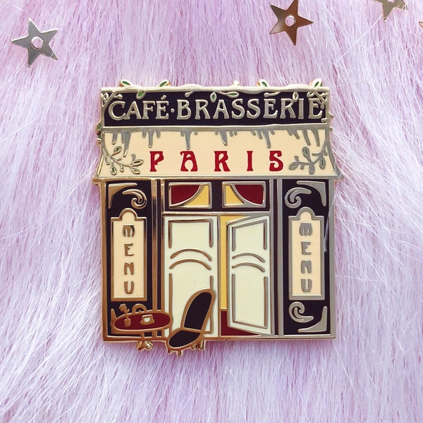 Paris Cafe Hard Enamel Pin, Parisian France Inspired French Coffee Shop Lapel Badge, 1.38" Gold Metal Unique Original Pretty Francophile Pin