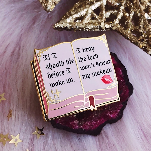 Makeup Bible Hard Enamel Pin, Pink and Gold Prayer Book Lipstick Kiss Text Lapel Brooch, Pastel Goth Girly Cute Pretty Gift Accessory Brooch