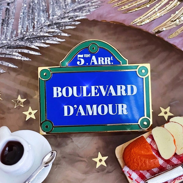 Boulevard D'Amour Hard Enamel Pin, Paris Parisian French Love Green Blue Iconic Street Sign Cute Unique France Jewelry Lapel Pin