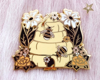 Beehive Hard Enamel Pin, Honeybee Floral Flowers Botanical Animal Nature Honey Bee Glitter Lapel Pin Badge, 1.63&quot; Gold Finish Pretty Brooch