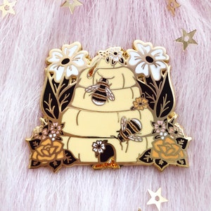 Beehive Hard Enamel Pin, Honeybee Floral Flowers Botanical Animal Nature Honey Bee Glitter Lapel Pin Badge, 1.63" Gold Finish Pretty Brooch