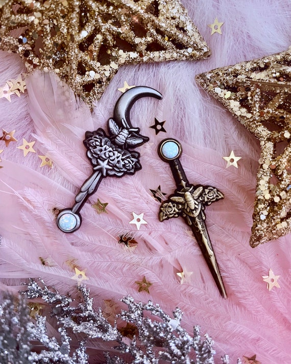 Antique Bee Sword 3D Pin, 2 In. Magical Moon Star Roses