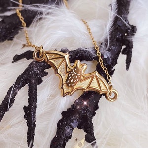 Mini Bat 18K Gold Plated Chain Necklace, Halloween Spooky Pastel Goth Pretty Dainty Cute Alternative Golden Animal 1 in. Bats Charm Jewelry