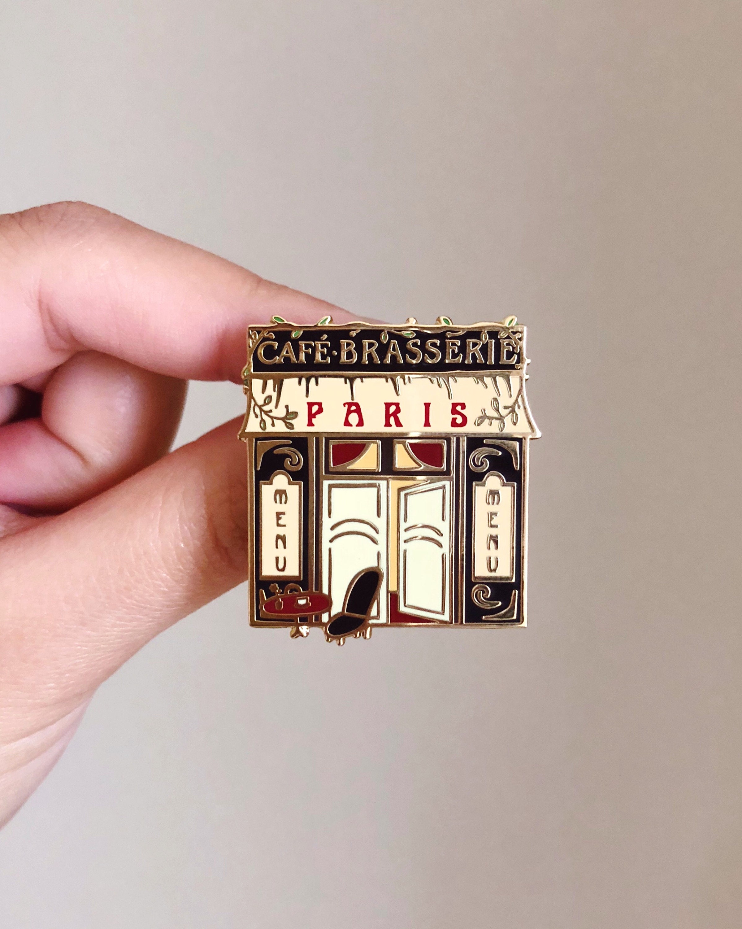 Paris Cafe Hard Enamel Pin, Parisian France Inspired French Coffee Shop Lapel Badge, 1.38" Gold Metal Unique Original Pretty Francophile Pin