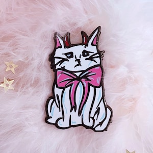 Vintage Devil Kitty Hard Enamel Pin, Cute White Cat with Pink Bow Devilish Kitten Original Illustration Pretty Cats Black Nickel Lapel Pin