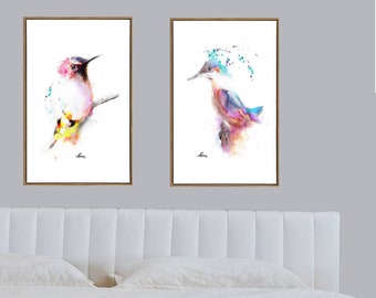Bird Set 2 Pink Watercolor Painting, Animal Poster, Tropical Birds Prints, Minimalist Art, Living Room, Bedroom Decoration, 16x20, 24x36