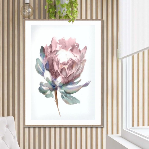 Protea Watercolor Painting Tropical Flowers Prints Modern King Protea Minimalist Floral Poster Minimalist Botanical Prints Exotic Plant Art