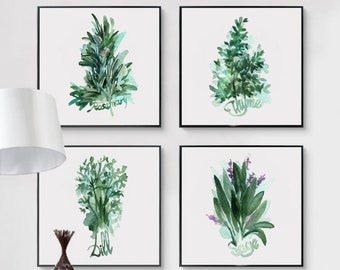 Kräuter Prints Set 4 Küchenkräuter Aquarell Rosmarin Thymian Salbei Dill Malerei Minimalist Botanische Kunst Bauernhaus Dekor Kräuter und Gewürze