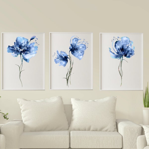 Aquarelle coquelicot peinture ensemble de 3 bleu marine Indigo fleurs imprime botanique minimaliste affiche salon décor