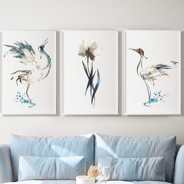 Grande grue bleue, ensemble de 3 tirages, peinture à l'aquarelle, décor minimaliste de chambre côtière, illustration d'oiseau extra large, affiche d'art moderne