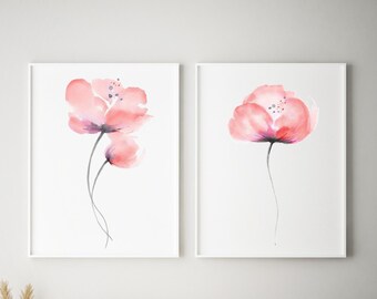 Röda vallmo akvarellkonsttryck set med 2 abstrakta blommiga väggdekorationer