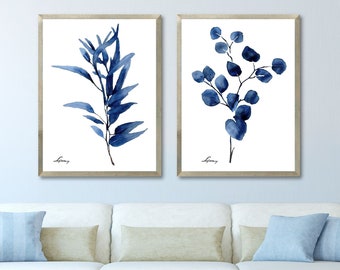 Navy Blue Watercolor Eucalyptus Set of 2 Print Indigo Plant Leaves Poster Botanical Print Kitchen Wall Art Minimalist Art Living Room Decor