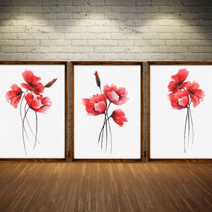 Poppy Set 3 Watercolor Painting Red Floral Art Prints Red Home Decor ...