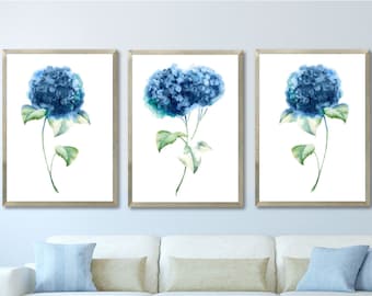 Dark Blue Hydrangea, Minimalist Hamptons Wall Decor, Set of 3 Prints, Abstract Large Flowers, Extra Large Fine Art Posters, Botanical Image