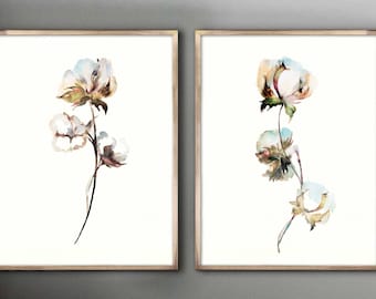 Baumwolle Aquarell Set 2 Malerei weiß Bauernhaus Dekor Botanische Illustration Baumwollpflanze Druck Minimalistische Kunst Wohnzimmer Küche Dekor