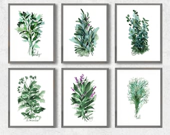 May include: Six framed watercolour illustrations of different herbs, each with the herb's name written below. The herbs are parsley, rosemary, thyme, coriander, sage, and dill.