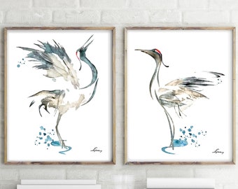 Crane Set 2 Watercolor Painting, White Gray Birds Art Print, Nature Animal Poster, Minimalist Art, Living Room Decor, Original Gift Idea