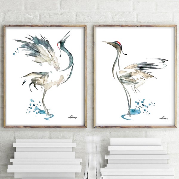 Crane Set 2 Watercolor Painting, White Gray Birds Art Print, Nature Animal Poster, Minimalist Art, Living Room Decor, Original Gift Idea